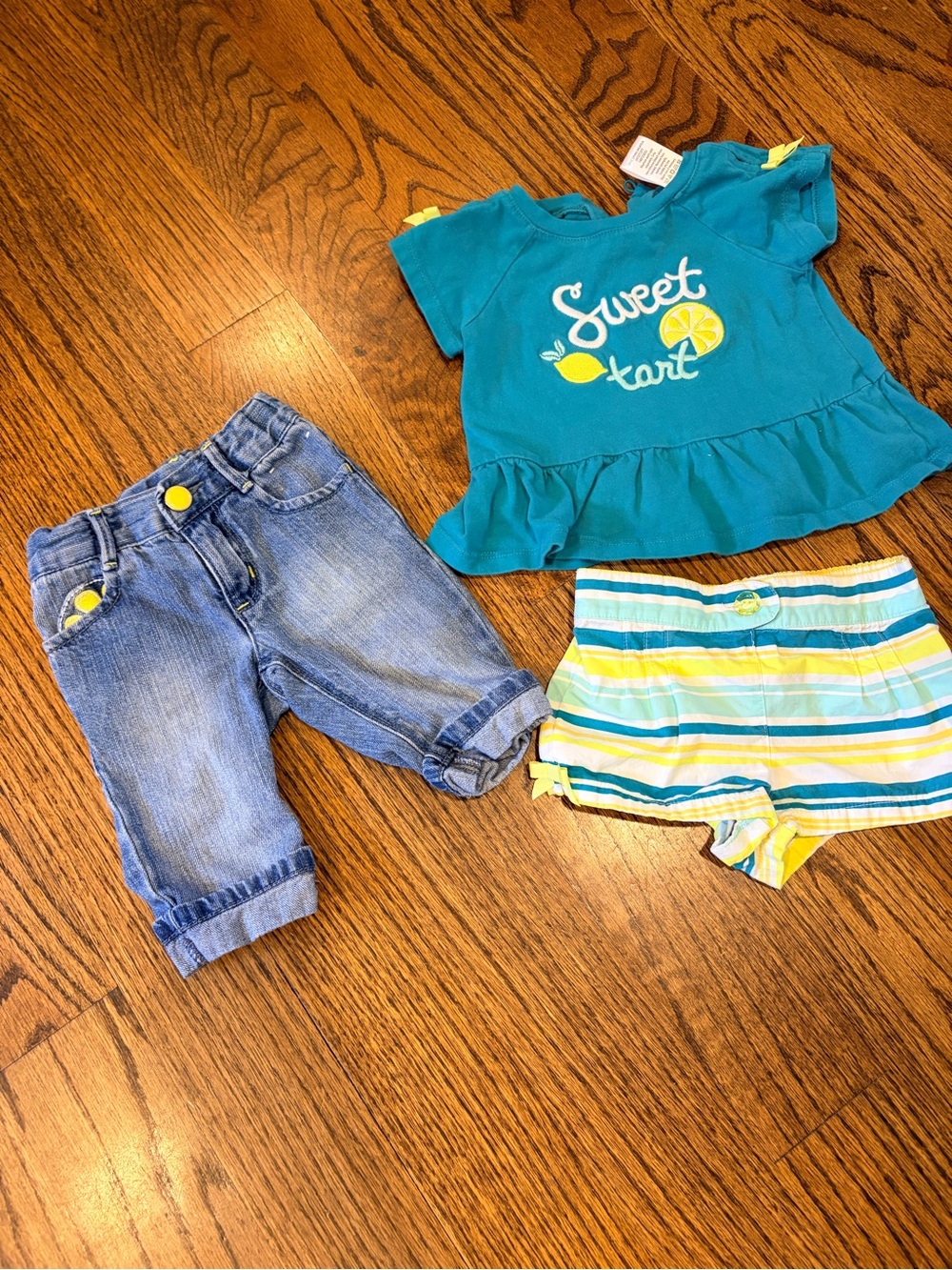 Gymboree Teal 'Sweet Tart' Ruffle Top with Striped Shorts and Denim Capris